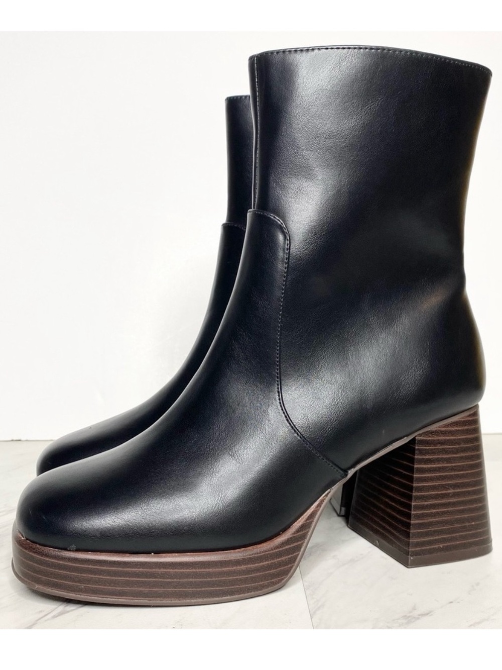 BP Kitt Black Faux Leather Square Toe Heeled Bootie 7 1/2 M